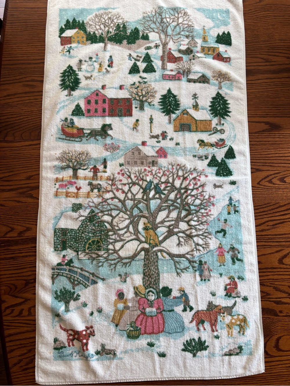 Vintage Martex Village Scene Holiday Bath Towel Christmas Made USA Cottagecore
